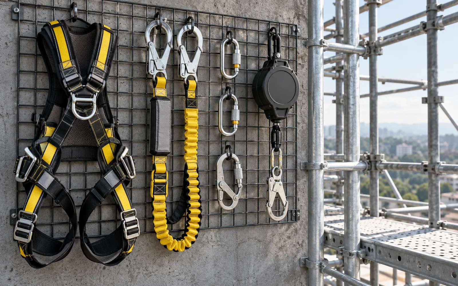 A black and yellow full-body harness, an energy-absorbing lanyard with two hooks, steel karabiners and a self-retracting lifeline hung on a mesh rack beside steel scaffolding.