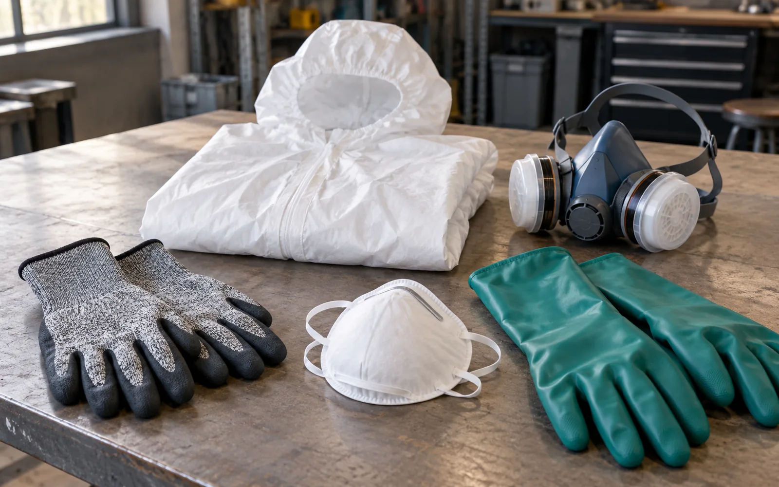 Cut-resistant grey gloves, green chemical gloves, a folded white disposable coverall, a dust mask and a half-face respirator with twin filters on a workshop table.