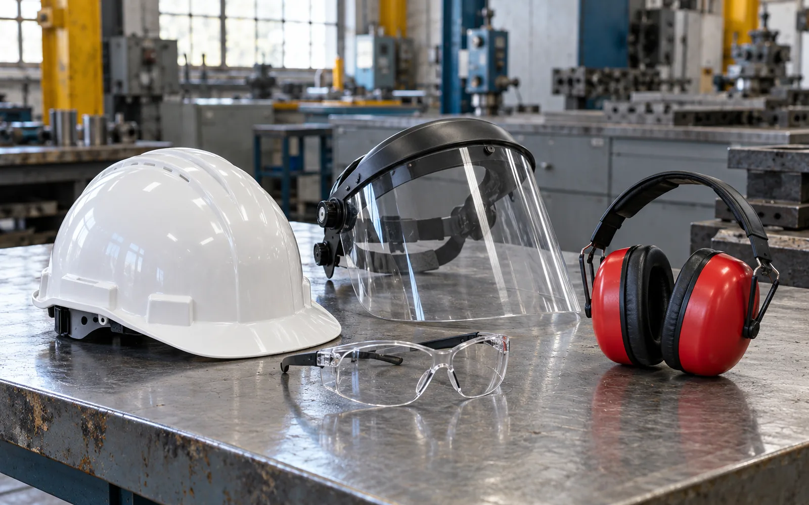 A white industrial safety helmet, a clear face shield, clear safety glasses and red earmuffs on a steel workbench in a machine shop.