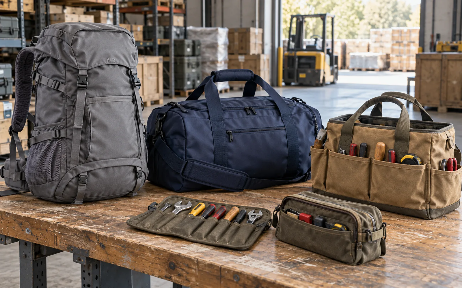 A grey rucksack, a navy duffel bag, a canvas tool bag with hand tools, a tool roll and a zipped tool pouch on a wooden bench in a logistics warehouse.