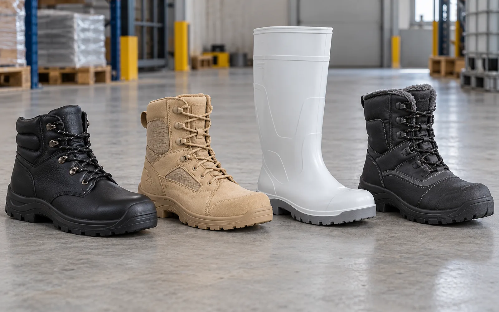Four work boots in a row on a warehouse floor: a black leather safety boot, a tan hot-weather boot, a white rubber boot and an insulated black winter work boot.