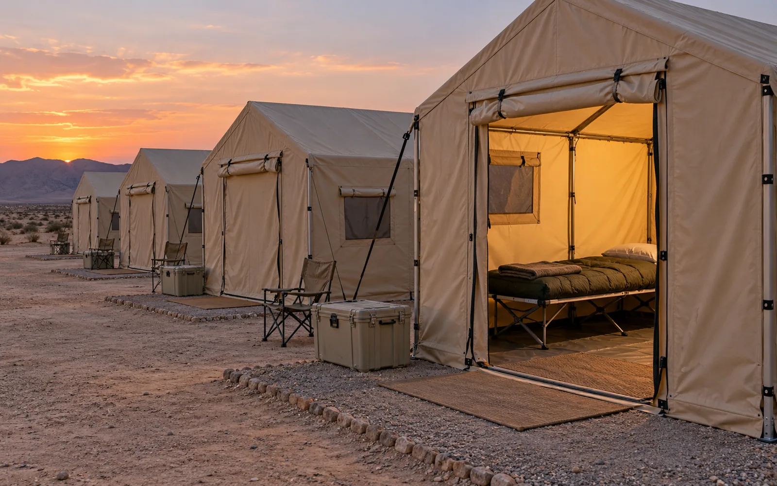 A row of sand-coloured frame tents at a desert worker camp at sunset; through the open door of the nearest, a camp bed with a sleeping bag, pillow and folded blanket.