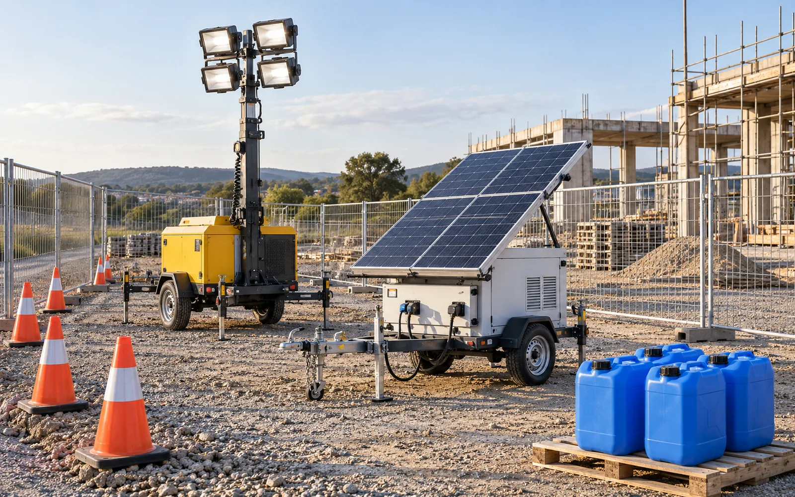 A construction site edge with orange traffic cones, temporary mesh fence panels, a towable light tower, a trailer-mounted solar power unit and blue water jerrycans on a pallet.