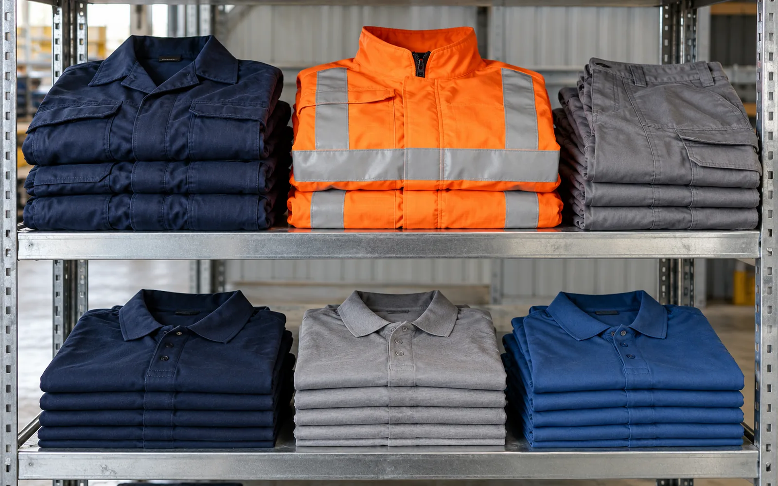 Folded workwear on galvanised shelving: navy work shirts, an orange high-visibility jacket with reflective tape, grey work trousers, and stacks of navy, grey and blue polo shirts.
